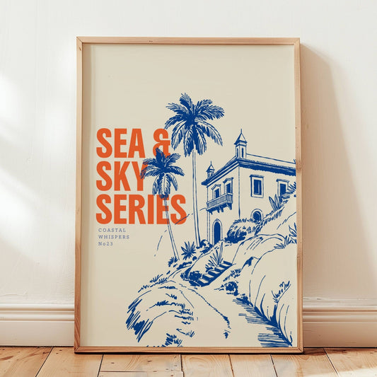 Coastal Whispers No23 – Plakat
Et hus omgitt av palmer og trapper med teksten Sea & Sky Series. Et motiv som formidler varme, utsikt og stille luksus. Illustrasjon viser plakat i eik ramme.