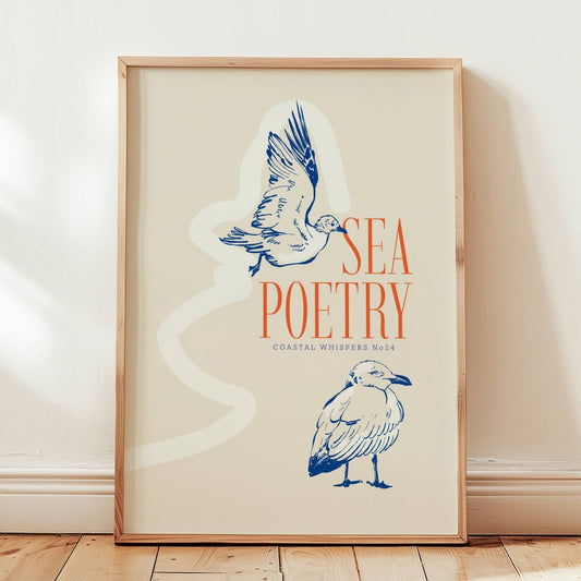 Coastal Whispers No24 – Plakat
En svevende måke og en stående fugl med teksten Sea Poetry. Et luftig og poetisk kystmotiv med elegant komposisjon. Illustrasjon viser plakat i eik ramme.