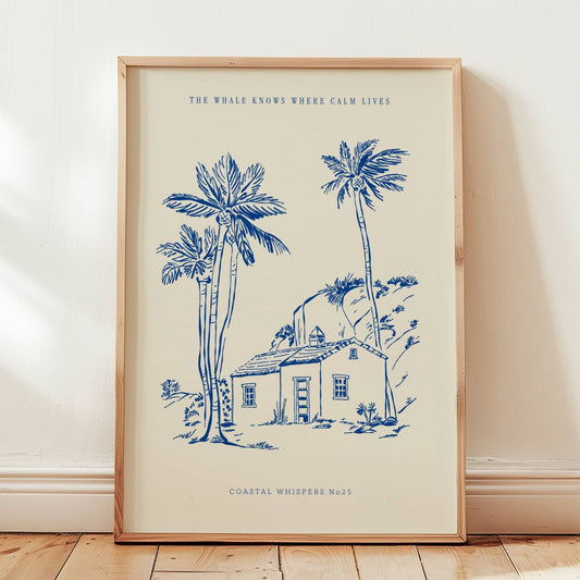 Coastal Whispers No25 – Plakat
En idyllisk scene med hytte, palmer og ås, og teksten The whale knows where calm lives. Et varmt og fredelig motiv med nostalgisk preg. Illustrasjon viser plakat i eik ramme.