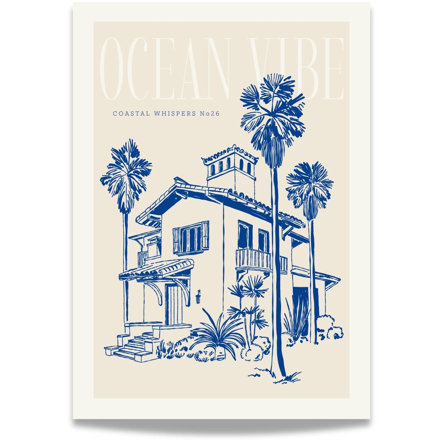 Coastal Whispers No26 – Plakat
Et stort strandhus med palmer og teksten Ocean Vibe. Et motiv som oser av tropisk eleganse og avslappet luksus.