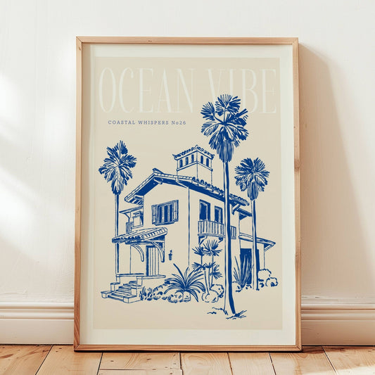 Coastal Whispers No26 – Plakat
Et stort strandhus med palmer og teksten Ocean Vibe. Et motiv som oser av tropisk eleganse og avslappet luksus. Illustrasjon viser plakat i eik ramme.