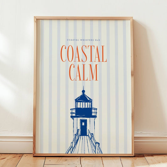 Coastal Whispers No9 – Plakat
Et fyrtårn i blått mot stripet bakgrunn med teksten Coastal Calm i korall. Et klassisk og beroligende motiv med kystens ro som fokus. Illustrasjon viser plakat i eik ramme.
