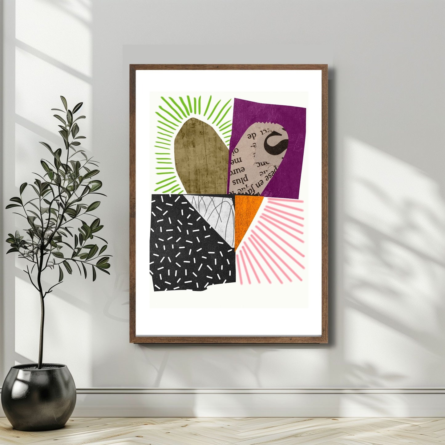 Colorful Heart Collage, en abstrakt plakat som kombinerer levende fargetoner og dristige former i et unikt hjerte-design. Illustrasjon viser plakat i en mørk ramme.
