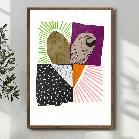 Colorful Heart Collage, en abstrakt plakat som kombinerer levende fargetoner og dristige former i et unikt hjerte-design. Illustrasjon viser plakat i en mørk ramme.