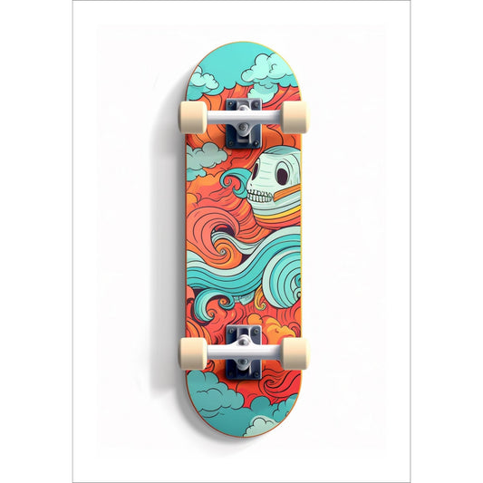 Denne stilfulle plakaten og lerretet bringer moderne kunst til liv med sitt grafiske design. Motivet viser et mønstret skateboard i fengslende turkise og oransje fargetoner, mot en ren, hvit bakgrunn.