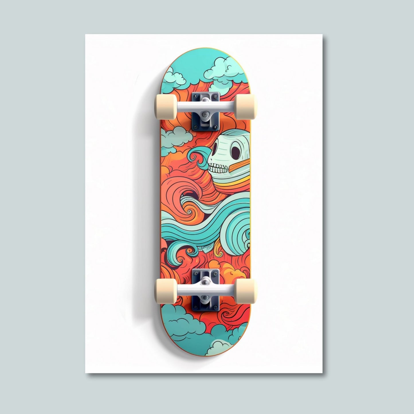 Denne stilfulle plakaten og lerretet bringer moderne kunst til liv med sitt grafiske design. Motivet viser et mønstret skateboard i fengslende turkise og oransje fargetoner, mot en ren, hvit bakgrunn.  Illustrasjonsfoto viser motivet på lerret.