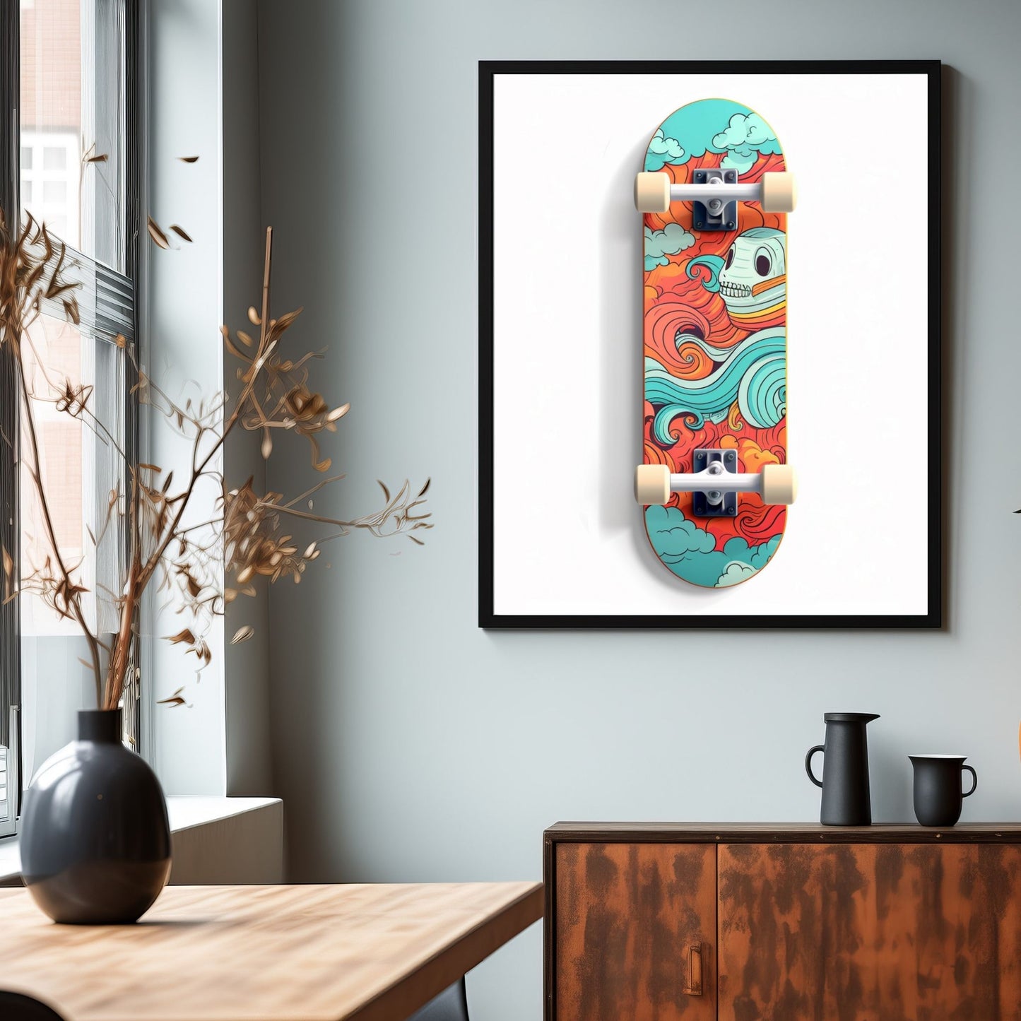 Denne stilfulle plakaten og lerretet bringer moderne kunst til liv med sitt grafiske design. Motivet viser et mønstret skateboard i fengslende turkise og oransje fargetoner, mot en ren, hvit bakgrunn.  Illustrasjonsfoto viser motivet som plakat i svart ramme.