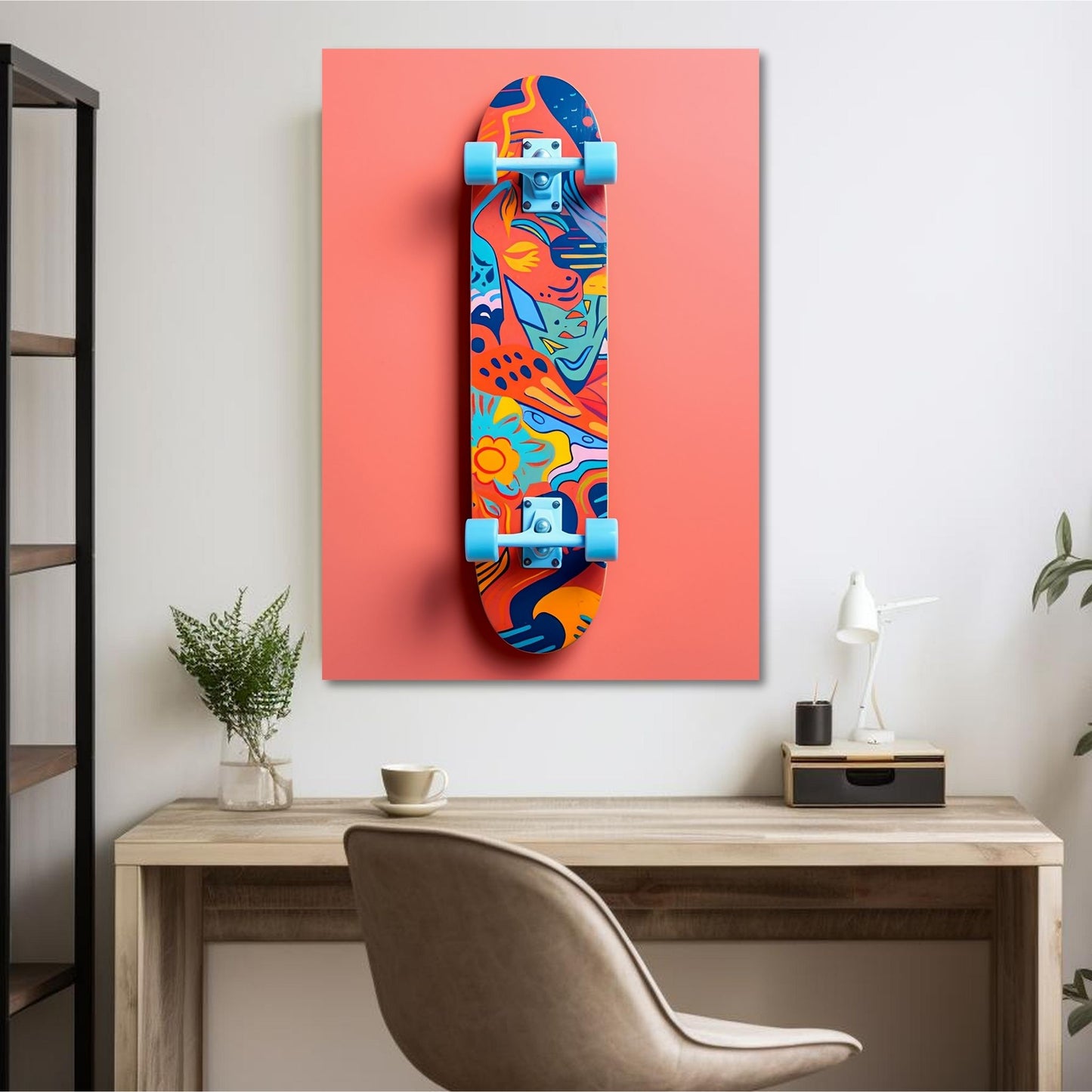 Denne stilfulle plakaten og lerretet bringer moderne kunst til liv med sitt grafiske design. Motivet viser et mønstret skateboard i fengslende fargetoner, mot en ren, rosa bakgrunn. Illustrasjonsfoto viser motivet på lerret.