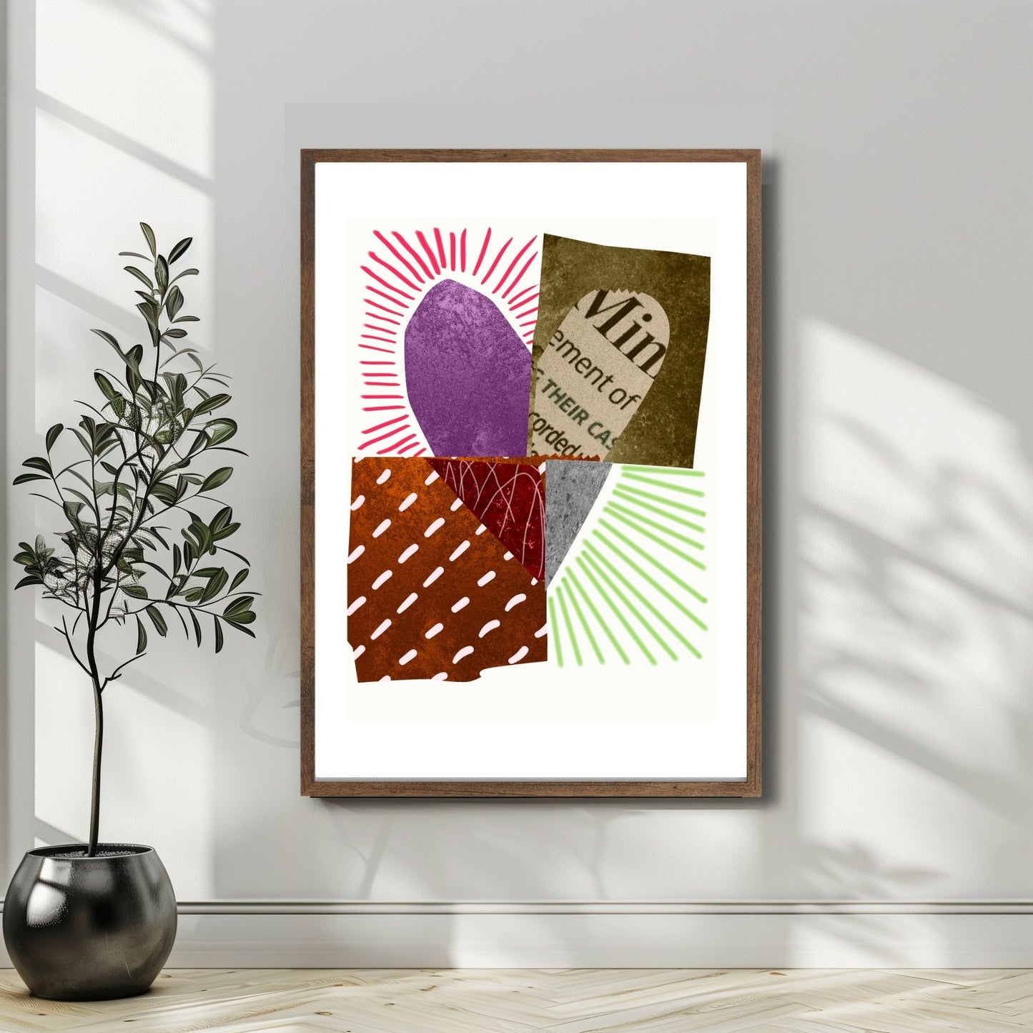 Colorful Heart Collage, en abstrakt plakat som kombinerer levende fargetoner og dristige former i et unikt hjerte-design. Illustrasjon viser plakat i en mørk ramme.