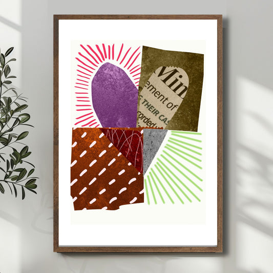 Colorful Heart Collage, en abstrakt plakat som kombinerer levende fargetoner og dristige former i et unikt hjerte-design. Illustrasjon viser plakat i en mørk ramme.