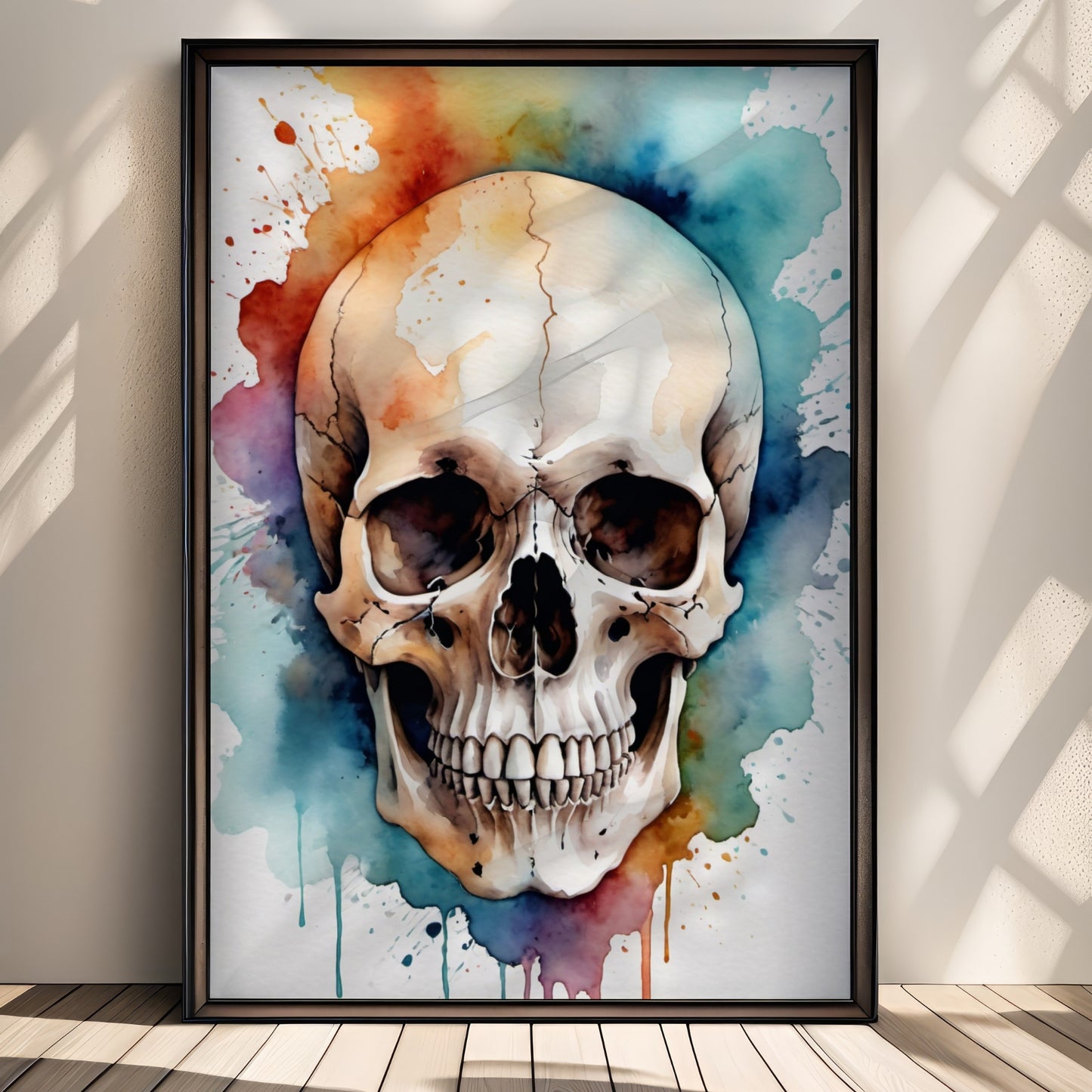 “Cracked Skull” er en fargerik tolkning av det klassiske hodeskallemotivet. Illustrasjon viser plakat uten hvit kant i sort ramme.