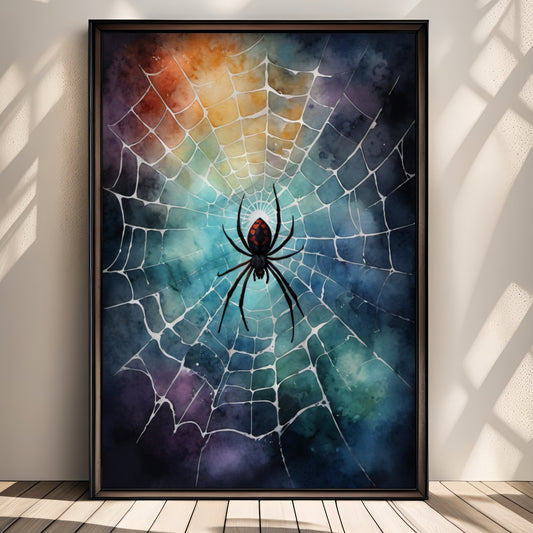 “Crimson Spider” er et dramatisk Halloween-motiv med en rød edderkopp i sentrum av et glitrende nett. Illustrasjon viser plakat uten hvit kant i sort ramme.