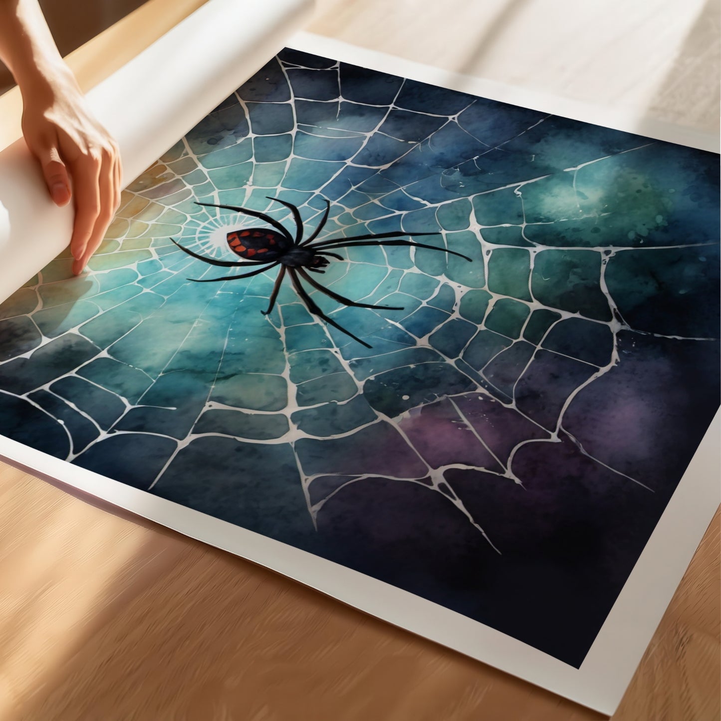 “Crimson Spider” er et dramatisk Halloween-motiv med en rød edderkopp i sentrum av et glitrende nett. Illustrasjon viser plakat på print.