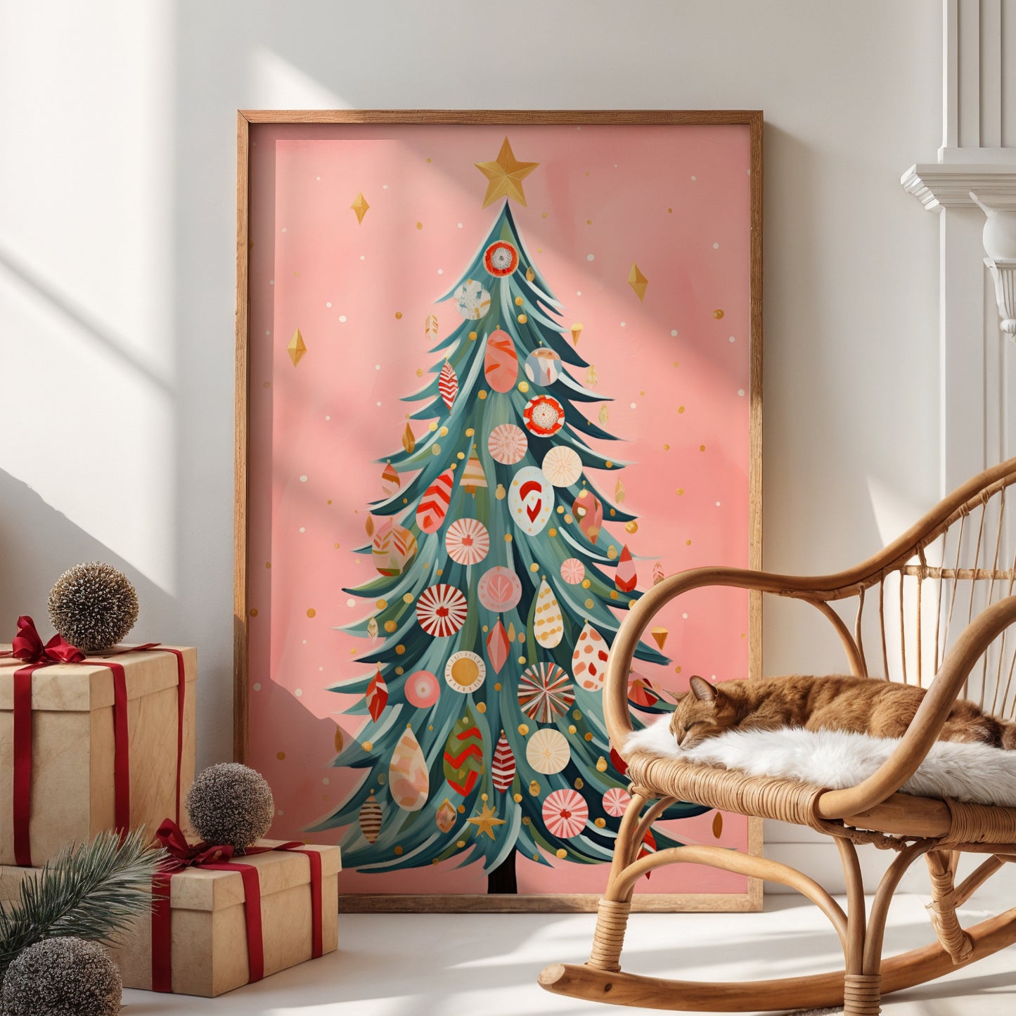 Et lekent og fargerikt juletre pyntet med godteri-inspirerte kuler og former – perfekt for både store og små. Illustrasjon visert plakat uten hvit kantllinje i ramme.