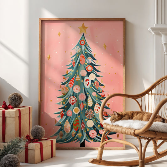 Et lekent og fargerikt juletre pyntet med godteri-inspirerte kuler og former – perfekt for både store og små. Illustrasjon visert plakat uten hvit kantllinje i ramme.