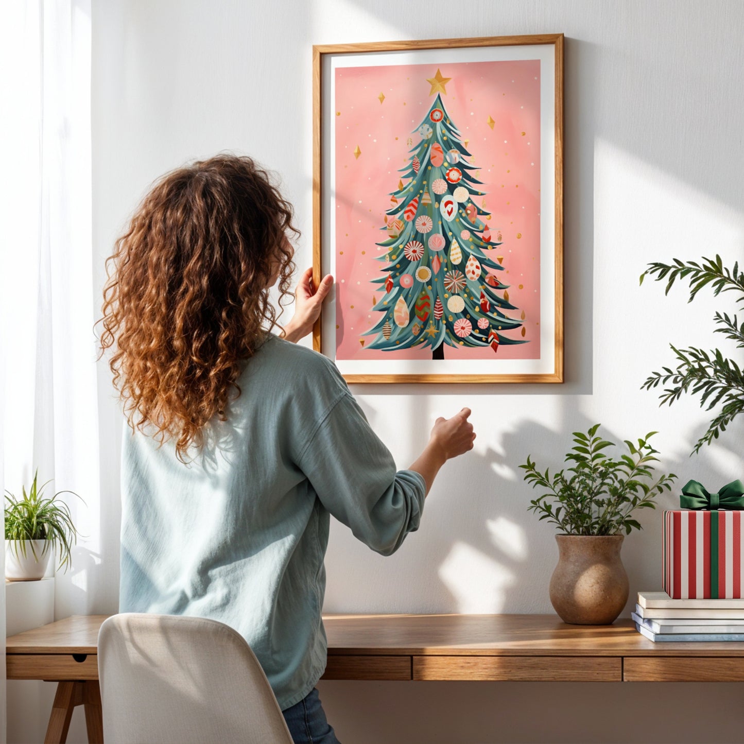 Et lekent og fargerikt juletre pyntet med godteri-inspirerte kuler og former – perfekt for både store og små. Illustrasjon visert plakat med hvit kantllinje i ramme.