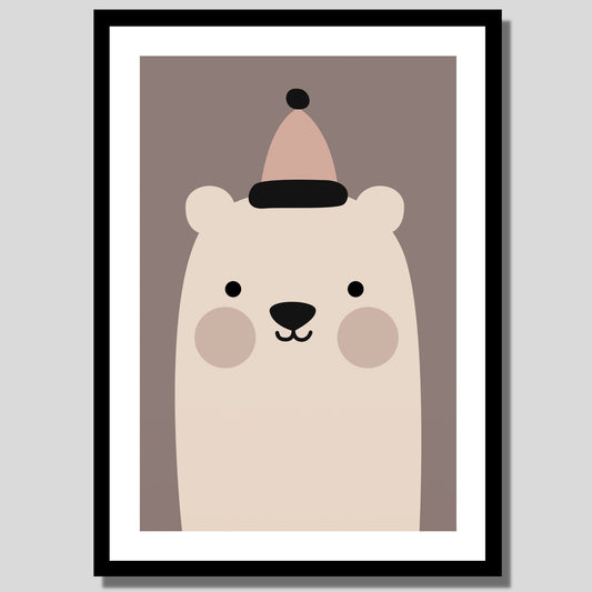 Cartoon Animal. Grafisk plakat for barnerommet. Illustrasjon av plakat med hvit kant rundt i sort ramme.