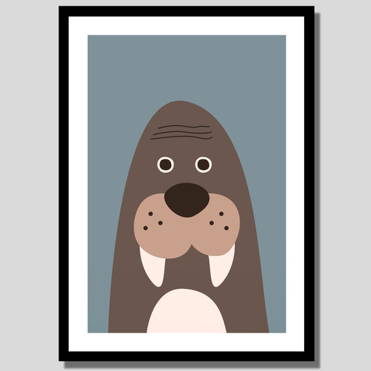 Cartoon Animal. Grafisk plakat for barnerommet. Brun hvalross på grå bakgrunn.Illustrasjon av plakat med hvit kant rundt i sort ramme.