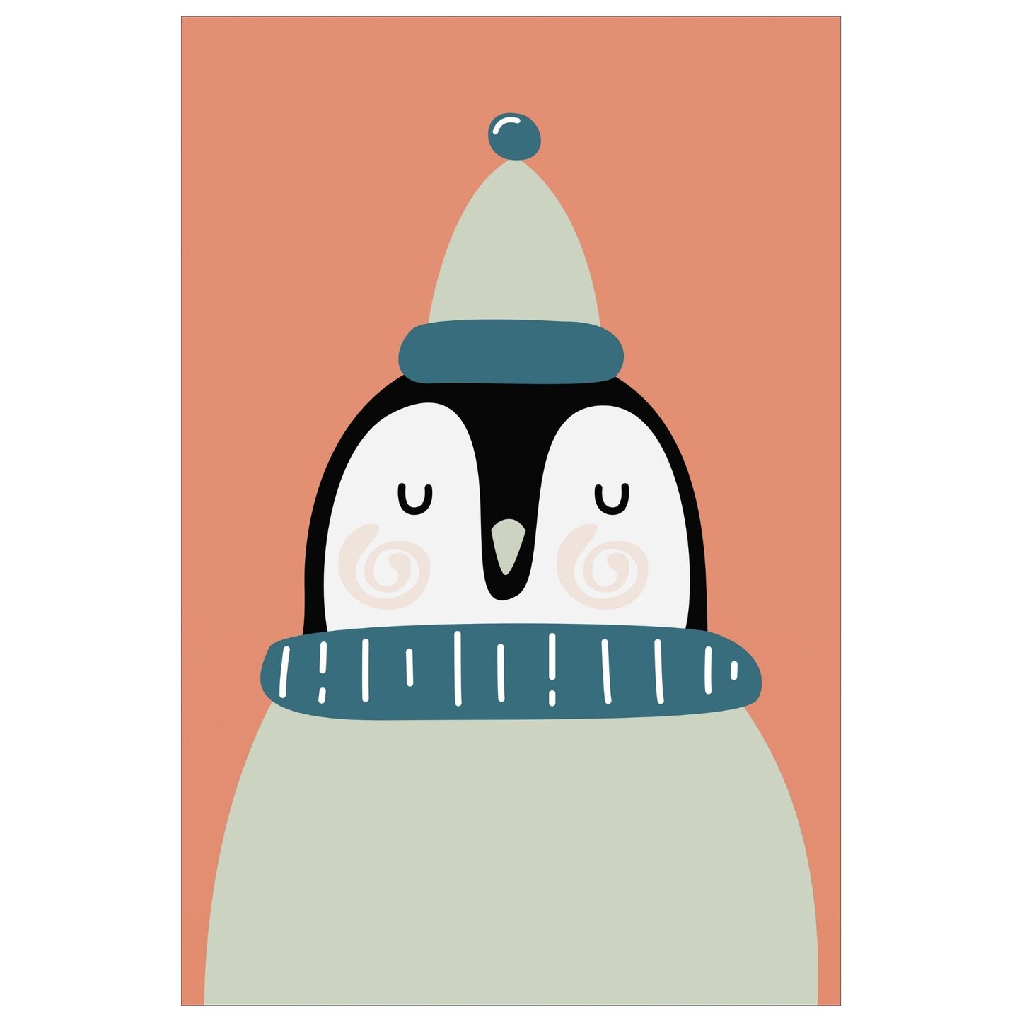 Cartoon Animal. Grafisk plakat for barnerommet. Pingvin med beige genser og topplue, på mørk rosa bakgrunn.