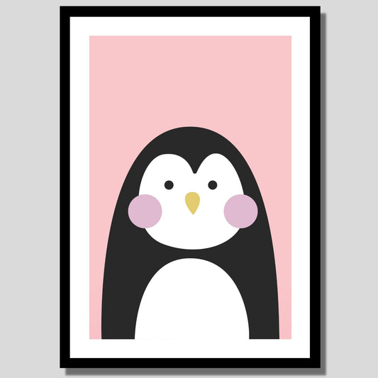 Cartoon Animal. Grafisk plakat for barnerommet. Pingvin på rosa bakgrunn. llustrasjon av plakat med hvit kant rundt i sort ramme.