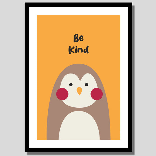 Cartoon Animal. Grafisk plakat for barnerommet. Lys brun pingvin på oransje bakgrunn. llustrasjon av plakat med hvit kant rundt i sort ramme.