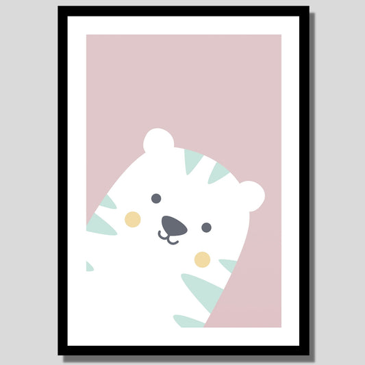 Cartoon Animal. Grafisk plakat for barnerommet. Hvit tiger på mørk rosa bakgrunn. llustrasjon av plakat med hvit kant rundt i sort ramme.