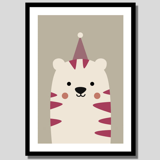 Cartoon Animal. Grafisk plakat for barnerommet. Beige tiger med topplue, på mørk beige bakgrunn. llustrasjon av plakat med hvit kant rundt i sort ramme.