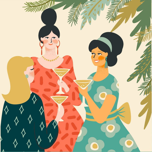 Cartoon julekort - 10pk. Koselig motiv av tre damer som skåler i bobler.