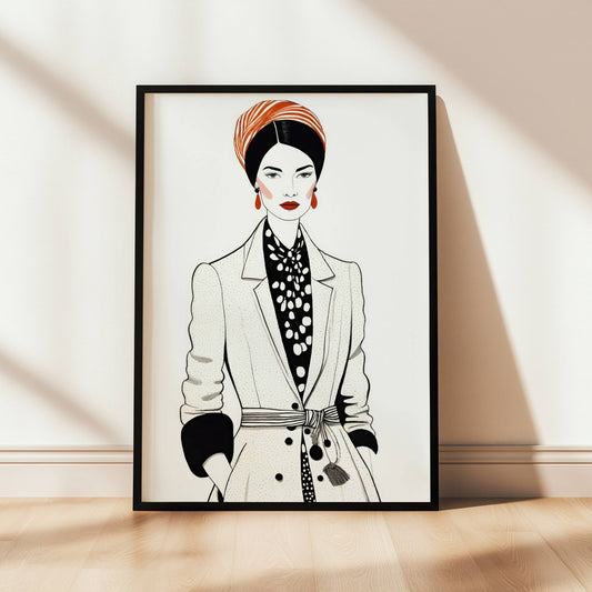 Gi hjemmet ditt en sofistikert og moderne touch med Chic Elegance, en elegant moteportrett-plakat som kombinerer stil, selvtillit og kunstnerisk finesse. Illustrasjon viser plakat i sort ramme.