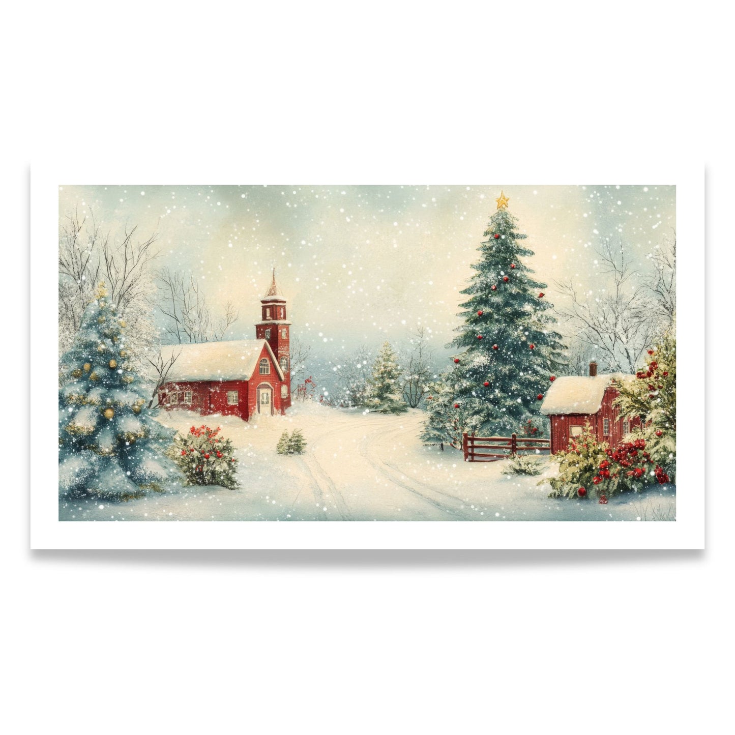 Et stemningsfullt julemotiv med den klassiske røde landsbykirken, omkranset av snødekte grantrær og gyllent lys.