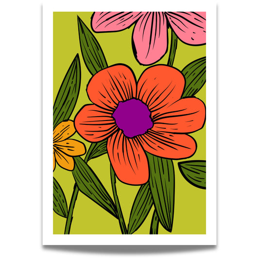 Citrus Pop, en iøynefallende blomsterplakat full av farge og karakter. Sterke oransje, rosa og lilla toner mot en livlige limegrønn bakgrunn.