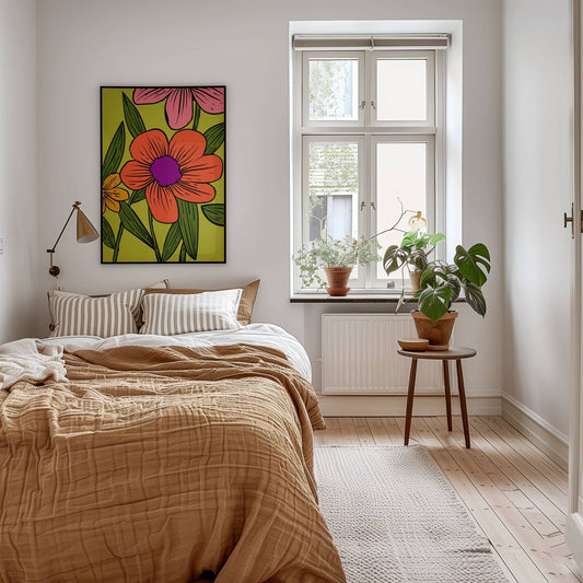 Citrus Pop, en iøynefallende blomsterplakat full av farge og karakter. Sterke oransje, rosa og lilla toner mot en livlige limegrønn bakgrunn. Illustrasjon viser plakat uten hvit kant i sort ramme.