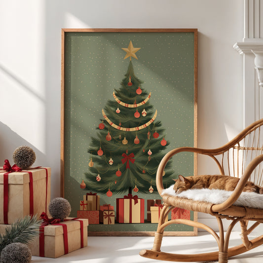Et tidløst juletre pyntet med lenker, kuler og gaver – perfekt for deg som elsker den klassiske julefølelsen Illustrasjon viser plakat uten hvit kantlinje i ramme.