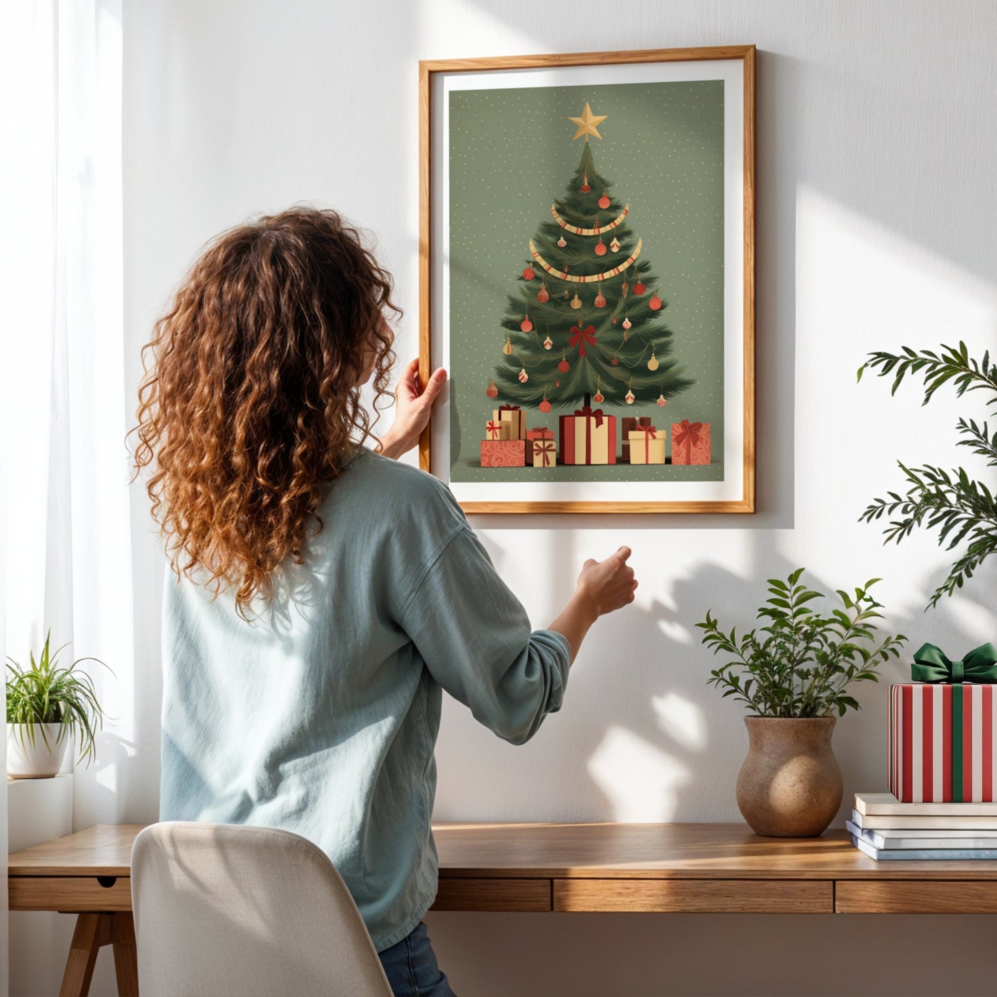 Et tidløst juletre pyntet med lenker, kuler og gaver – perfekt for deg som elsker den klassiske julefølelsen Illustrasjon viser plakat uten hvit kantlinje i ramme.