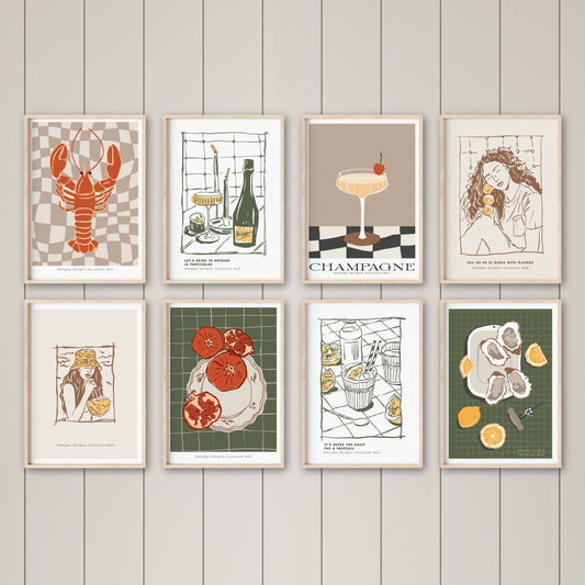 Plakatsett Sweet & Savory fra serien Everyday Delights – 8 grafiske motiver med mat, drikke og hverdagsglede. Perfekt til kjøkken og spiseplass. Kjøp settet og få 20 % rabatt!