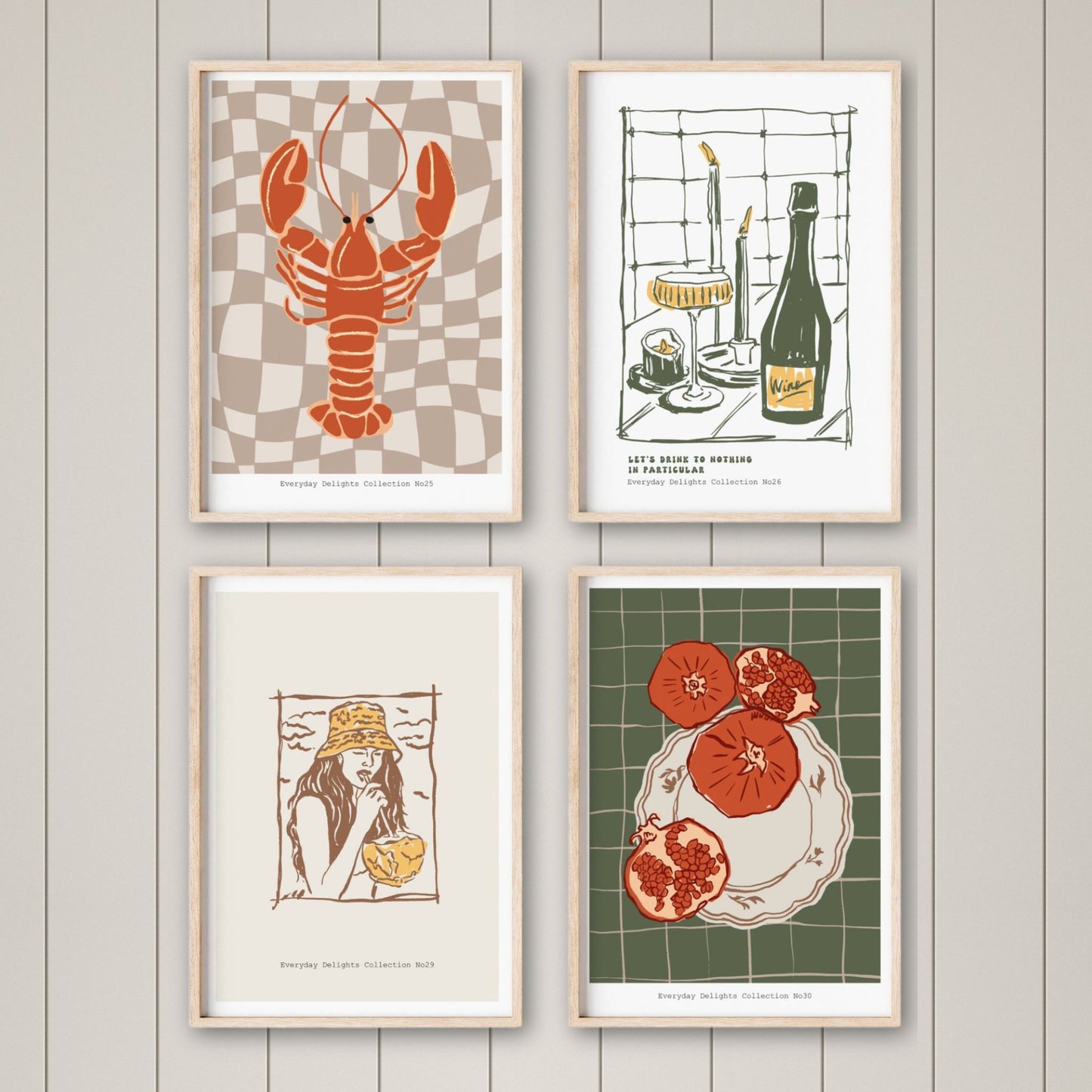 Plakatsett Sweet & Savory fra serien Everyday Delights – 8 grafiske motiver med mat, drikke og hverdagsglede. Perfekt til kjøkken og spiseplass. Kjøp settet og få 20 % rabatt!