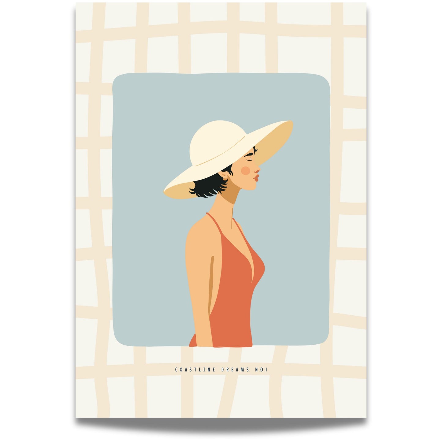 Coastline Dreams No1 – Plakat
Elegant kvinne med solhatt i profil, mot blå bakgrunn og rutet ramme. En rolig og solrik stemning i retro fargepalett.
