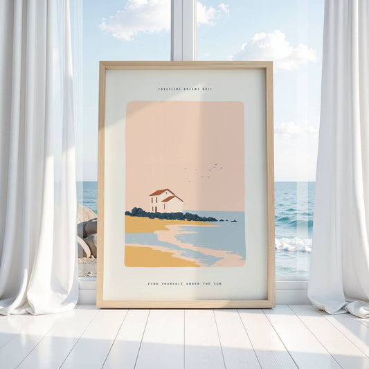 Coastline Dreams No11 – Plakat
Et ensomt hus ved kysten rammes inn av rolig sjø, gyllen sand og ferskenfarget himmel. Teksten "Find yourself under the sun" forsterker den drømmende stemningen. Illustrasjon viser plakat i eik ramme.