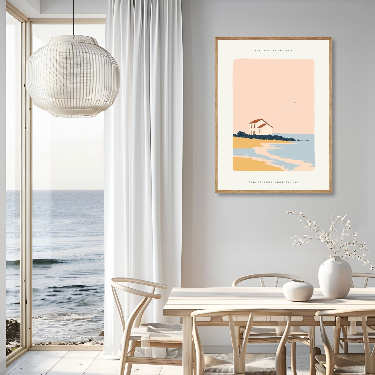 Coastline Dreams No11 – Plakat
Et ensomt hus ved kysten rammes inn av rolig sjø, gyllen sand og ferskenfarget himmel. Teksten "Find yourself under the sun" forsterker den drømmende stemningen. Illustrasjon viser plakat i eik ramme.