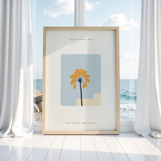Coastline Dreams No13 – Plakat
En gyllen palme strekker seg mot himmelen over minimalistiske former. En dekorativ og moderne plakat med sommerlig preg. Illustrasjon viser plakat i eik ramme.