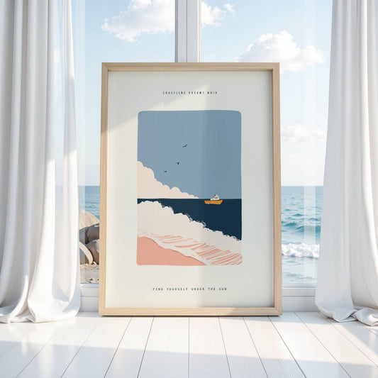Coastline Dreams No14 – Plakat
Et skip glir mot horisonten mens bølgene ruller inn over stranden. Kontrastene mellom mørkt hav og varme toner skaper liv og bevegelse. Illustrasjonen viser plakat i eik ramme.