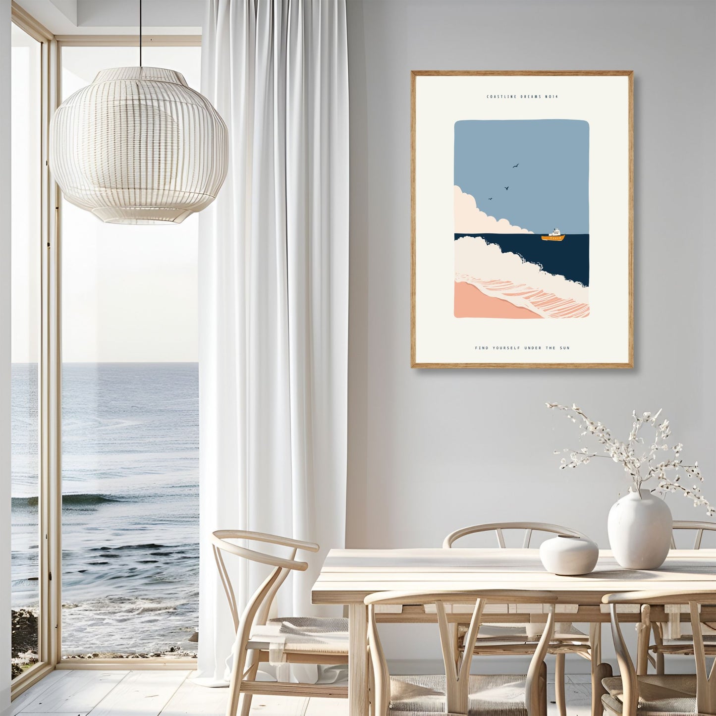 Coastline Dreams No14 – Plakat
Et skip glir mot horisonten mens bølgene ruller inn over stranden. Kontrastene mellom mørkt hav og varme toner skaper liv og bevegelse. Illustrasjonen viser plakat i eik ramme.