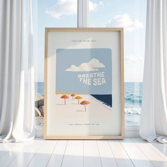 Coastline Dreams No15 – Plakat
En rad med fargerike parasoller langs stranden og teksten "Breathe the sea". En lett og leken plakat som oser av ferie og strandliv. Illustrasjon viser plakat i eik ramme.