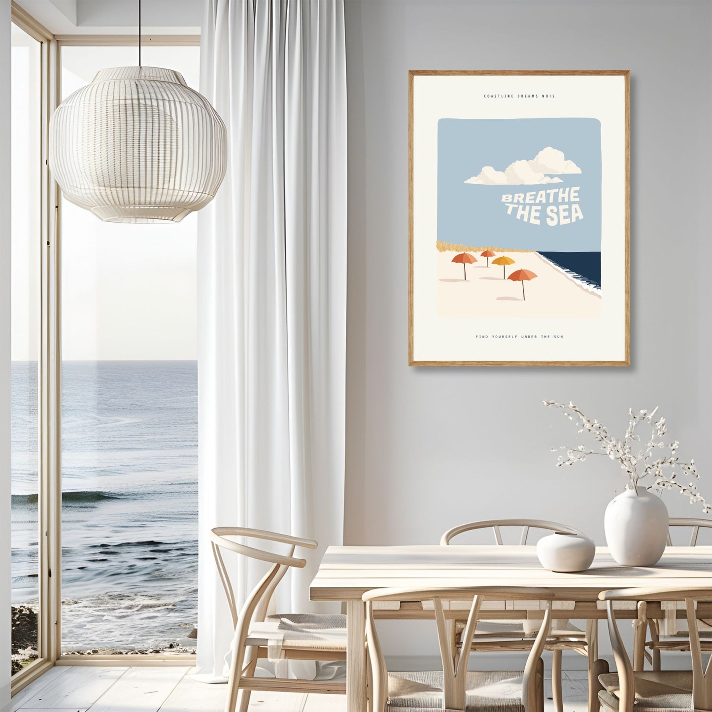 Coastline Dreams No15 – Plakat
En rad med fargerike parasoller langs stranden og teksten "Breathe the sea". En lett og leken plakat som oser av ferie og strandliv. Illustrasjon viser plakat i eik ramme.