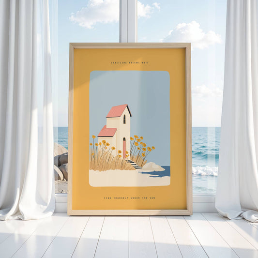 Coastline Dreams No17 – Plakat
Et høyt hus med rosa tak står omgitt av blomster og strandgress. Et svalt og nostalgisk motiv med kystens botanikk i sentrum. Illustrasjon viser plakat i eik ramme.