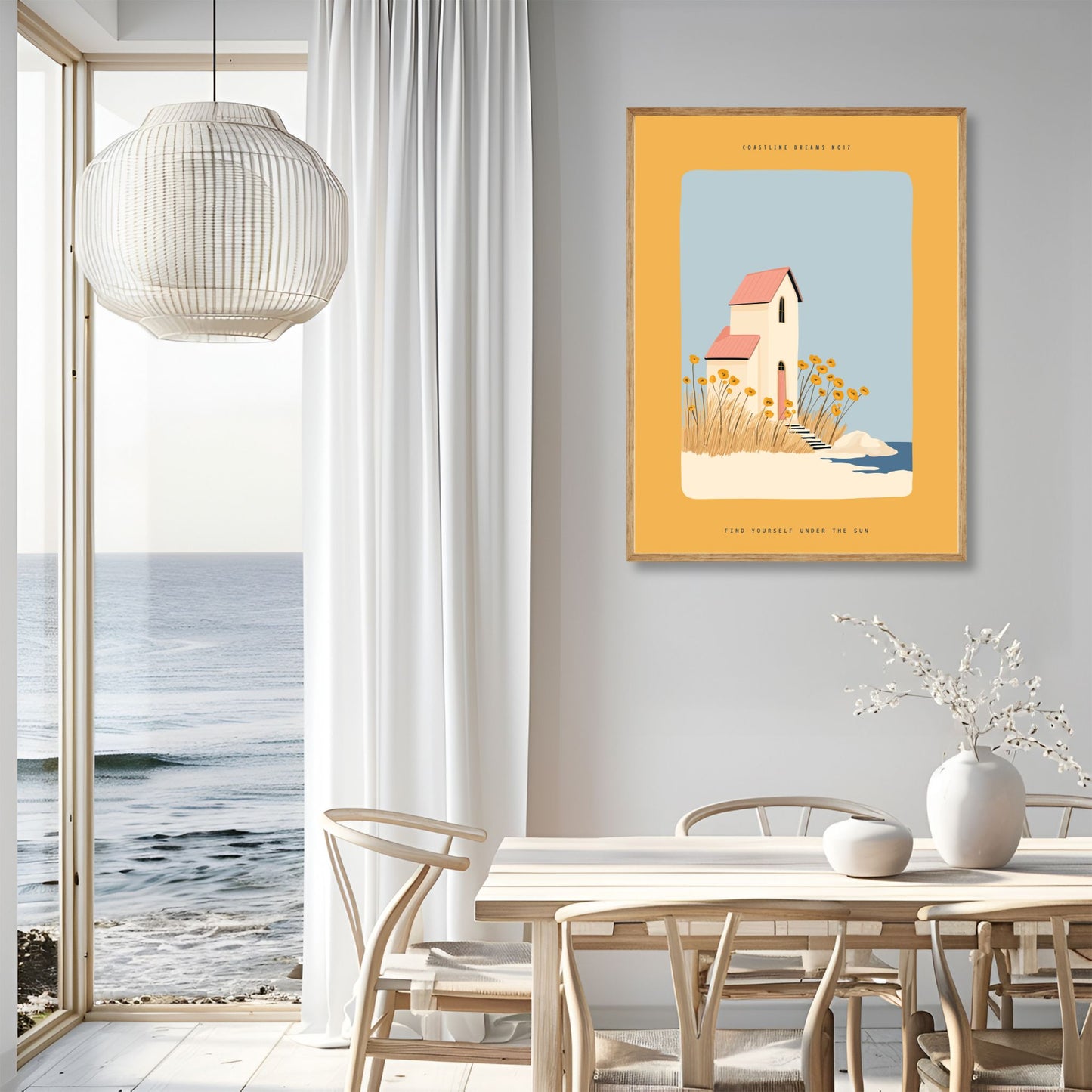 Coastline Dreams No17 – Plakat
Et høyt hus med rosa tak står omgitt av blomster og strandgress. Et svalt og nostalgisk motiv med kystens botanikk i sentrum. Illustrasjon viser plakat i eik ramme.