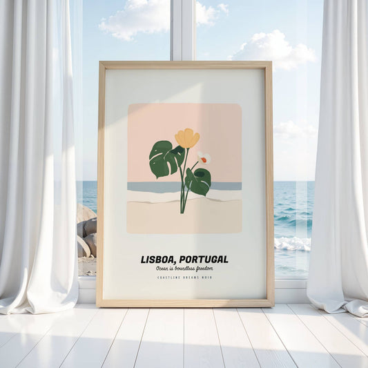 Coastline Dreams No18 – Plakat
Et minimalistisk og botanisk strandmotiv med teksten Lisboa, Portugal og Ocean is boundless freedom. Et tropisk pust i retrostil. Illustrasjon viser plakat i eik ramme.