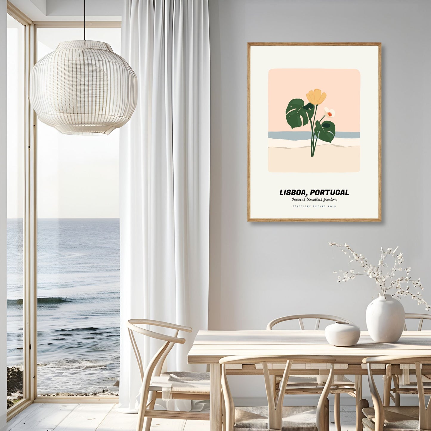 Coastline Dreams No18 – Plakat
Et minimalistisk og botanisk strandmotiv med teksten Lisboa, Portugal og Ocean is boundless freedom. Et tropisk pust i retrostil. Illustrasjon viser plakat i eik ramme.