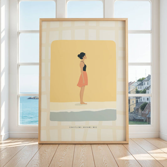 Coastline Dreams No2 – Plakat
Sommerlett og avslappet, en kvinne i skjørt står barfot i strandkanten – badet i varm solgul glød. Illustrasjon viser plakat i eik ramme.