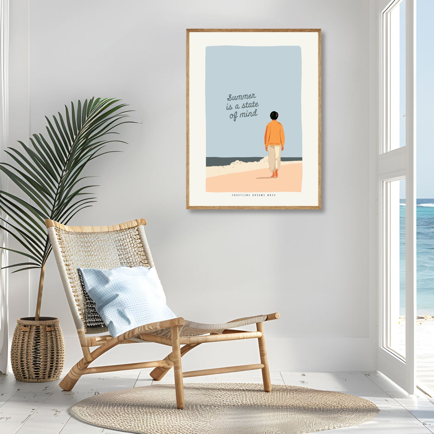 Coastline Dreams No25 – Plakat
En person går langs stranden under teksten "Summer is a state of mind". Et stemningsfullt motiv som hyller det enkle og nære. Illustrasjon viser plakat i eik ramme.